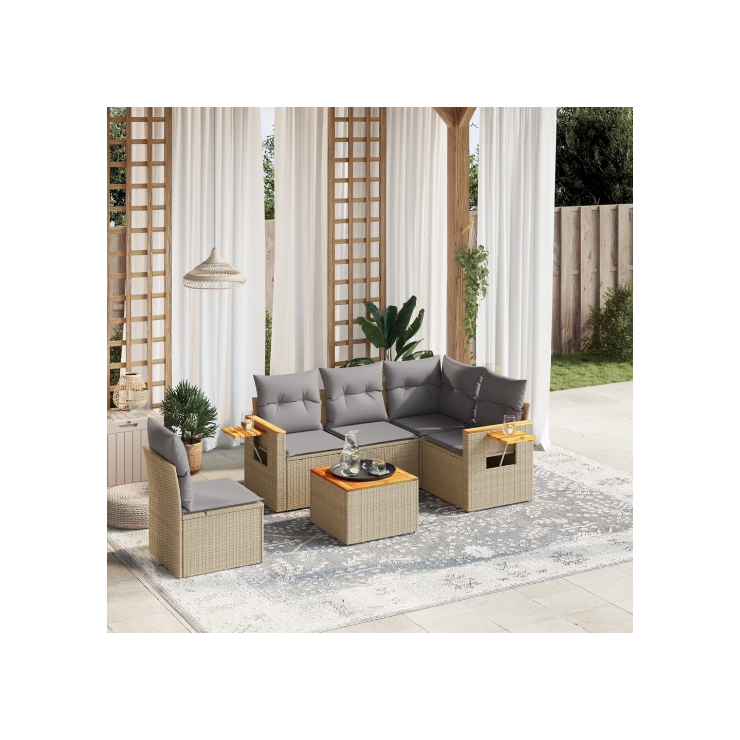 Salon de jardin avec coussins 6 pcs beige résine tressée