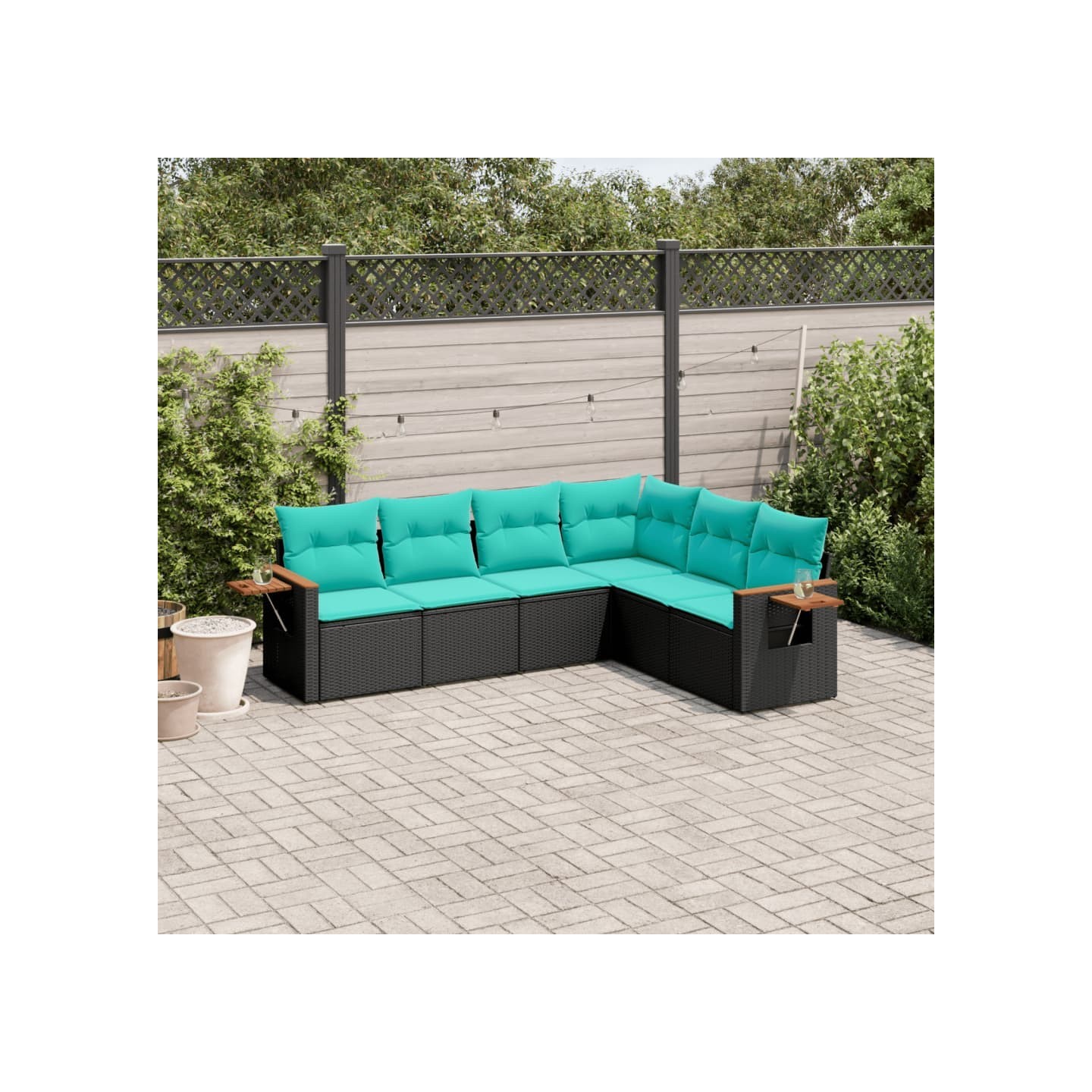 Salon de jardin 6 pcs avec coussins noir résine tressée