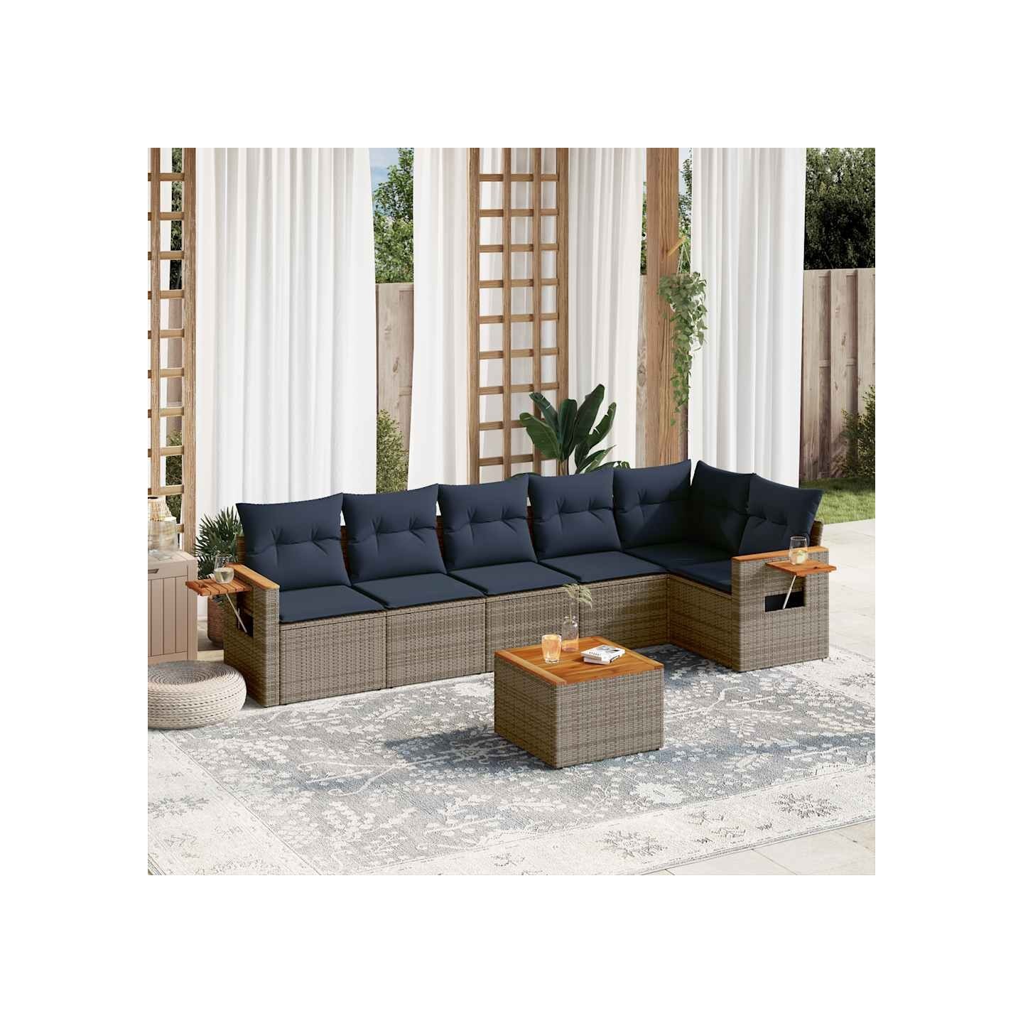 Salon de jardin 7 pcs avec coussins gris résine tressée