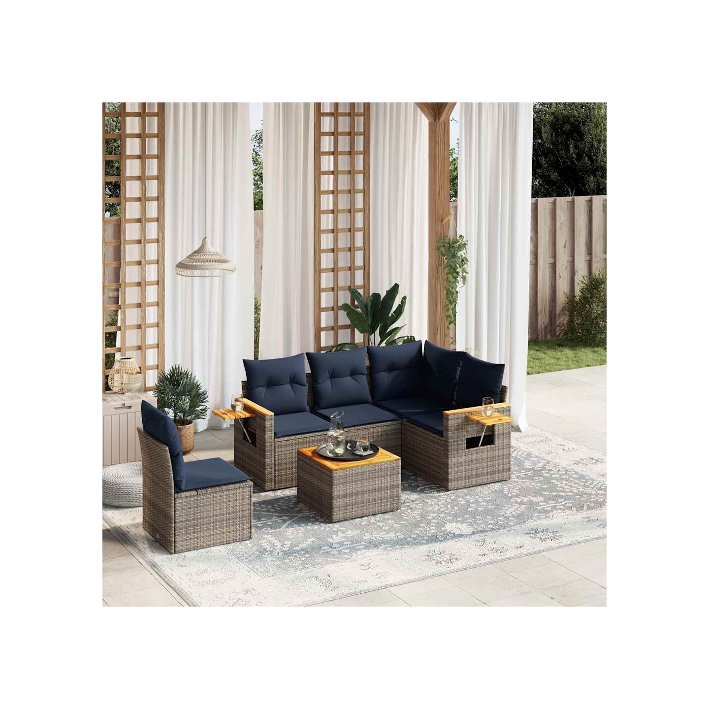 Salon de jardin 6 pcs avec coussins gris résine tressée