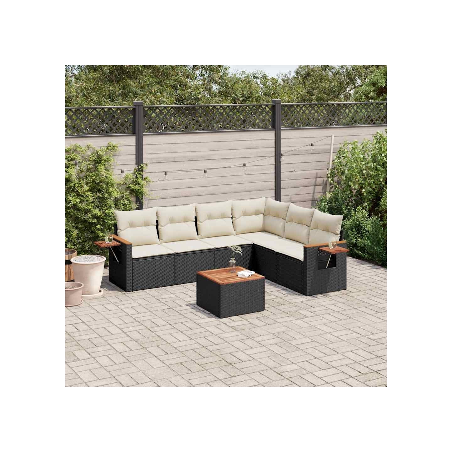 Salon de jardin 7 pcs avec coussins noir résine tressée