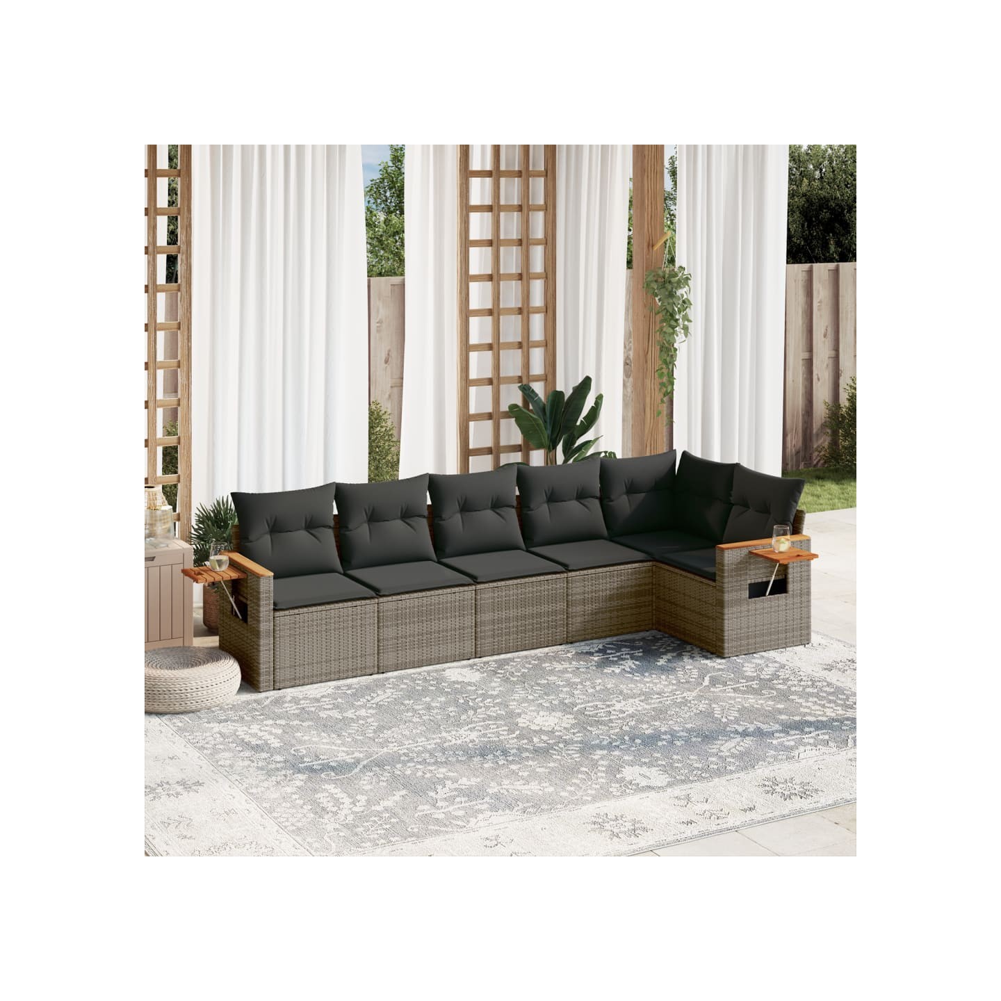 Salon de jardin 6 pcs avec coussins gris résine tressée