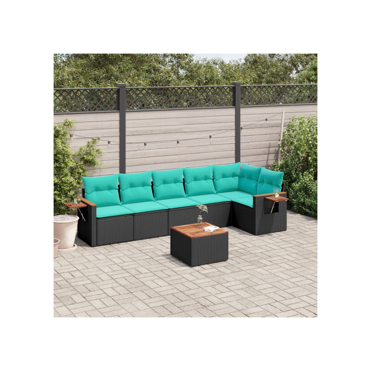 Salon de jardin 7 pcs avec coussins noir résine tressée