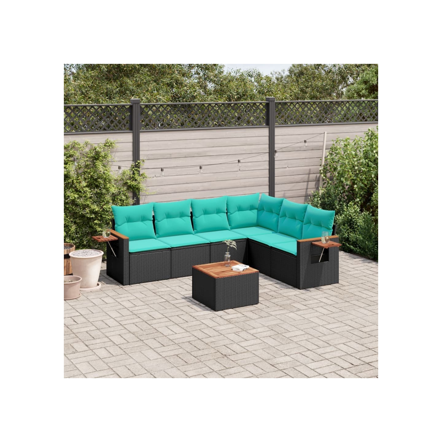 Salon de jardin 7 pcs avec coussins noir résine tressée