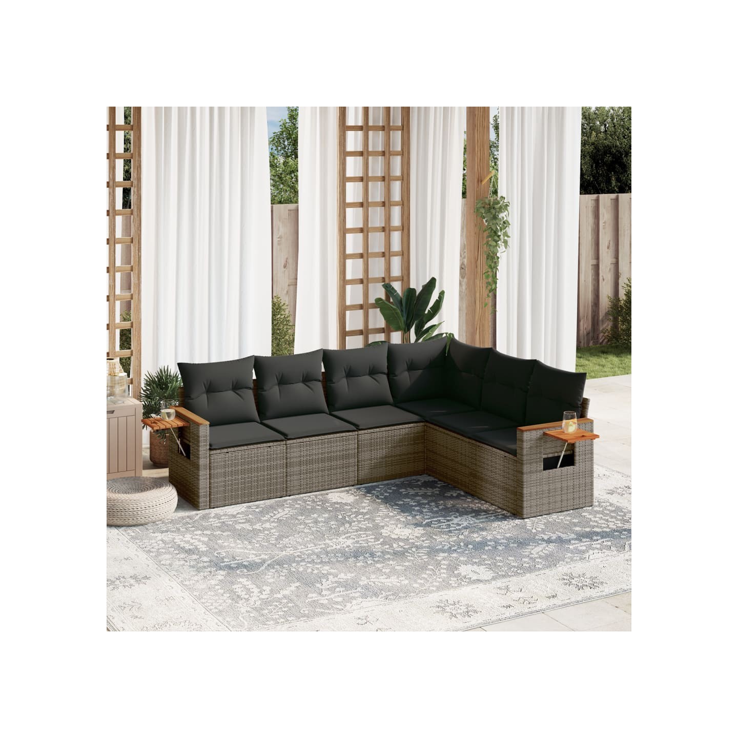 Salon de jardin 6 pcs avec coussins gris résine tressée