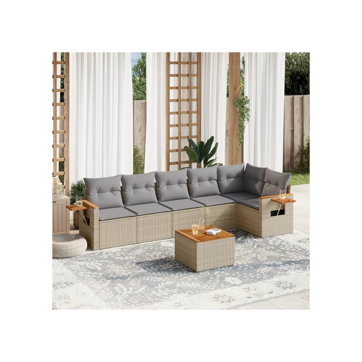 Salon de jardin avec coussins 7 pcs beige résine tressée