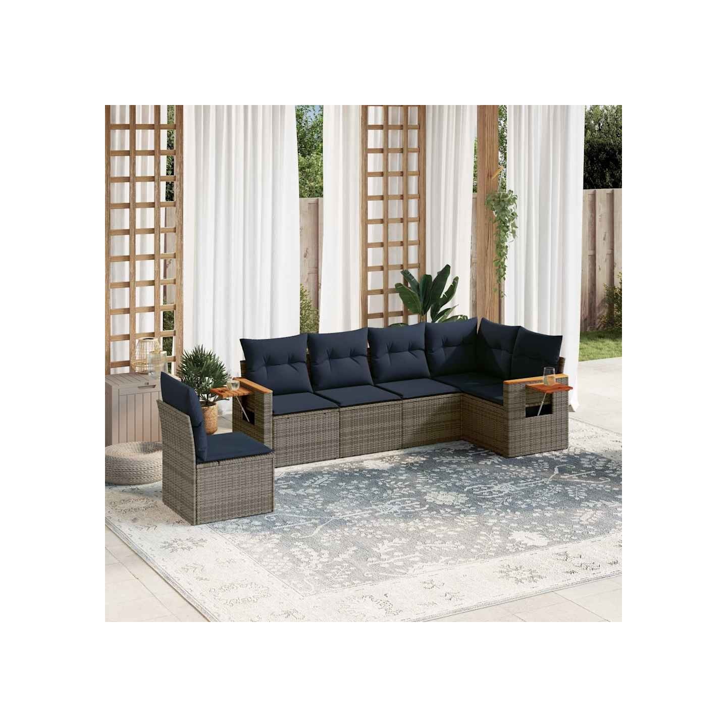 Salon de jardin 6 pcs avec coussins gris résine tressée