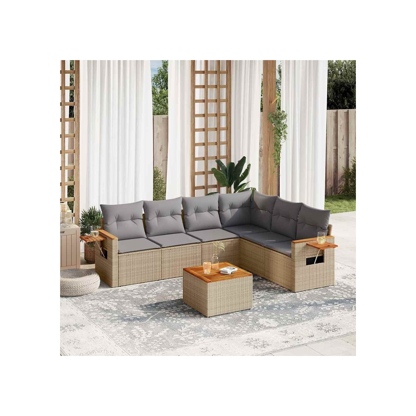 Salon de jardin avec coussins 7 pcs beige résine tressée