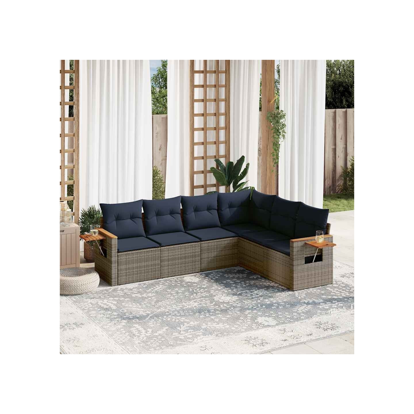 Salon de jardin 6 pcs avec coussins gris résine tressée