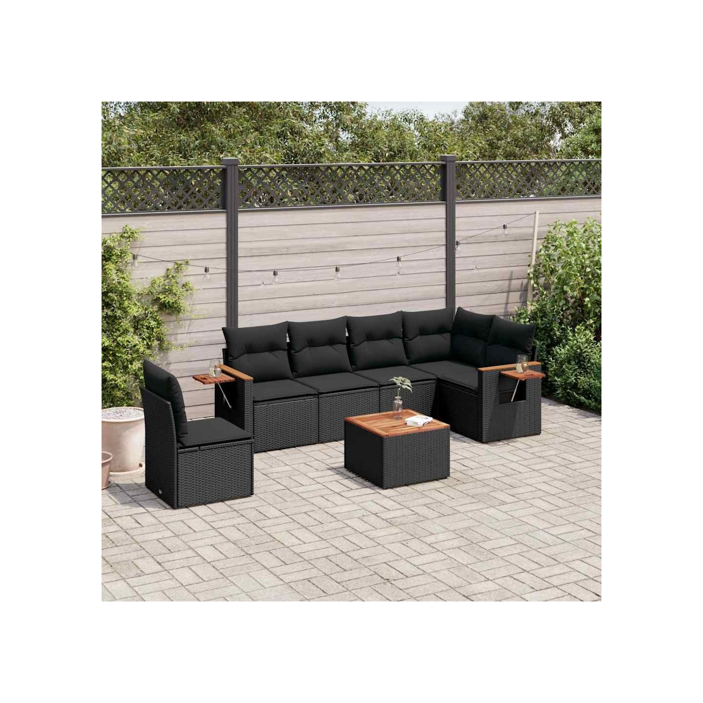 Salon de jardin 7 pcs avec coussins noir résine tressée