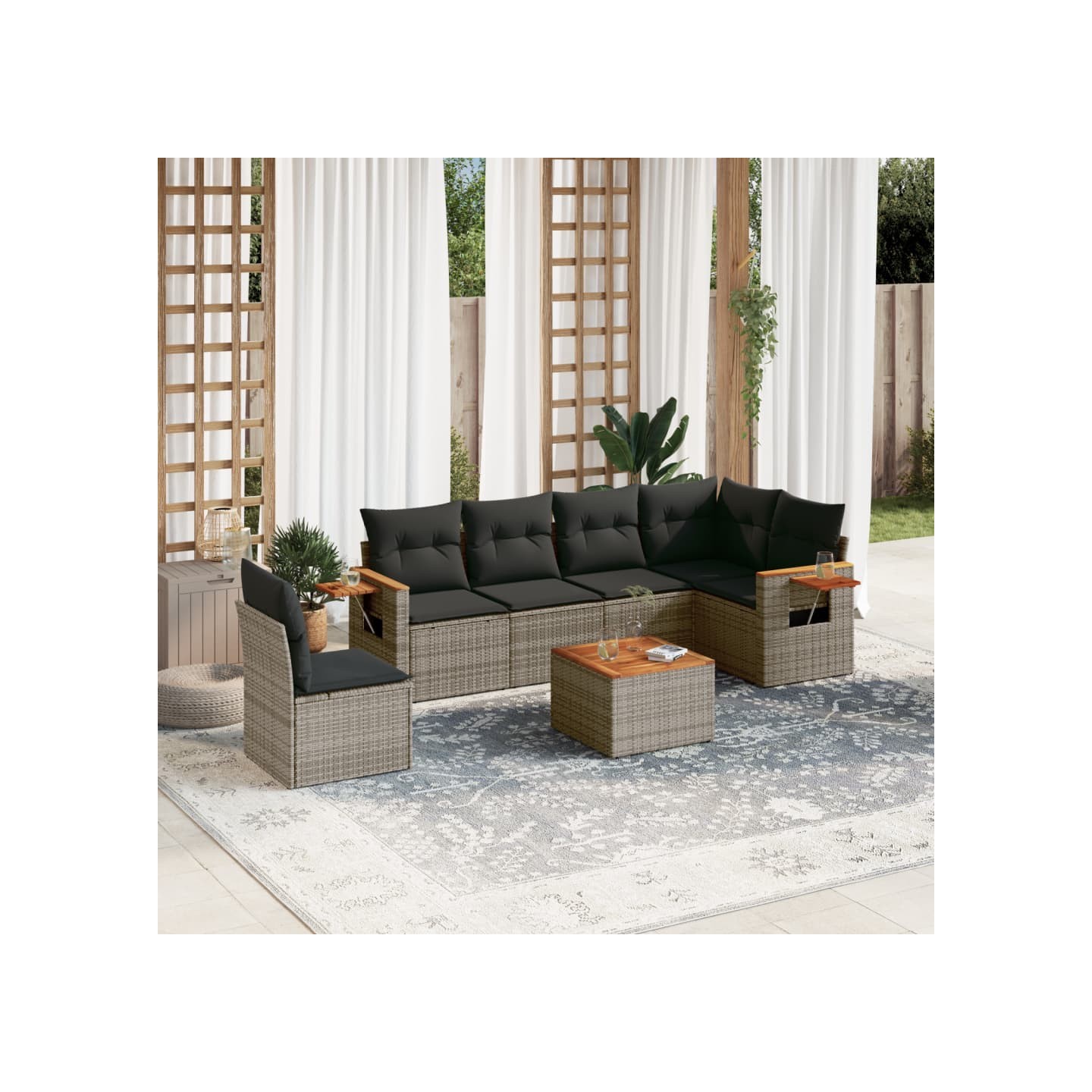Salon de jardin avec coussins 7 pcs gris résine tressée