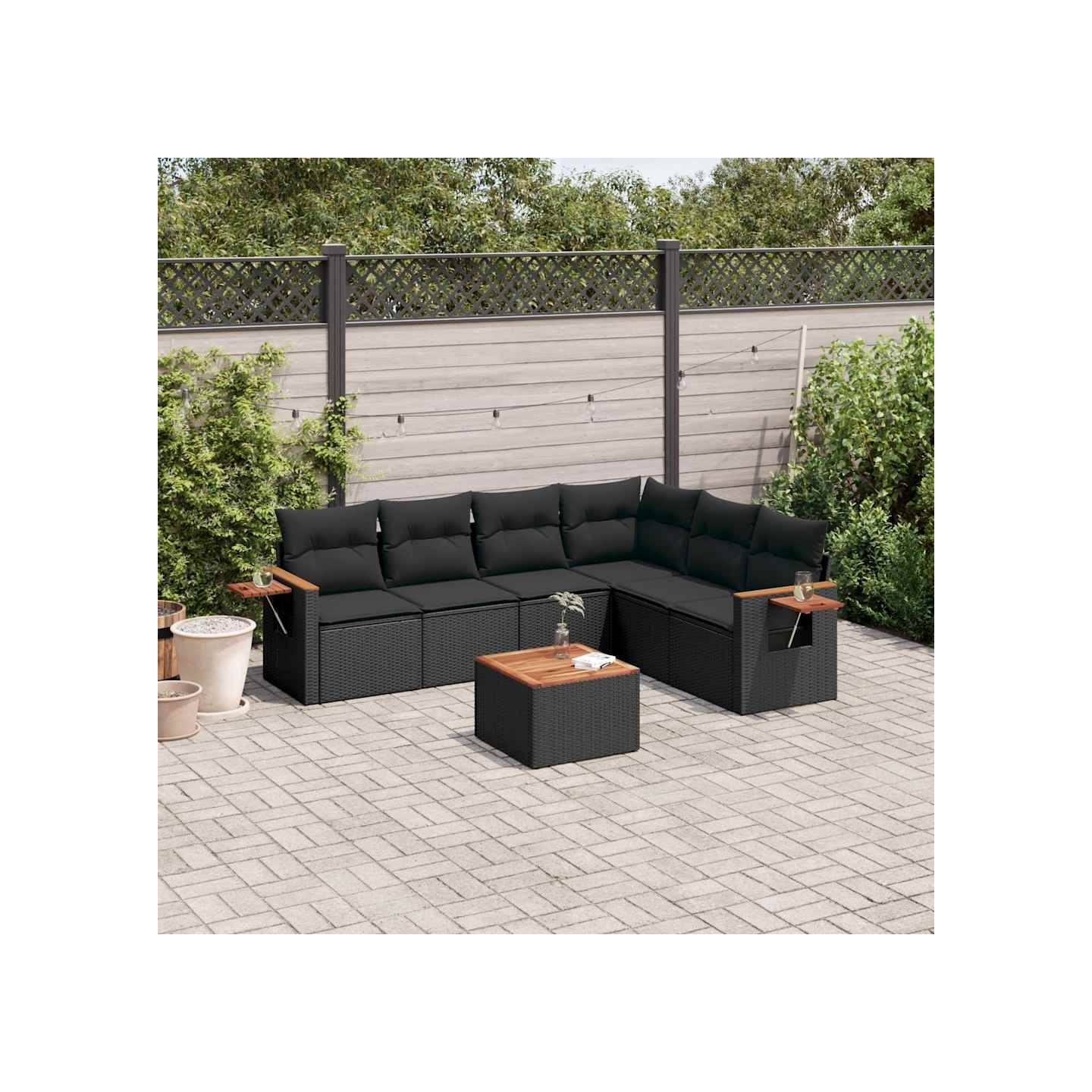 Salon de jardin 7 pcs avec coussins noir résine tressée
