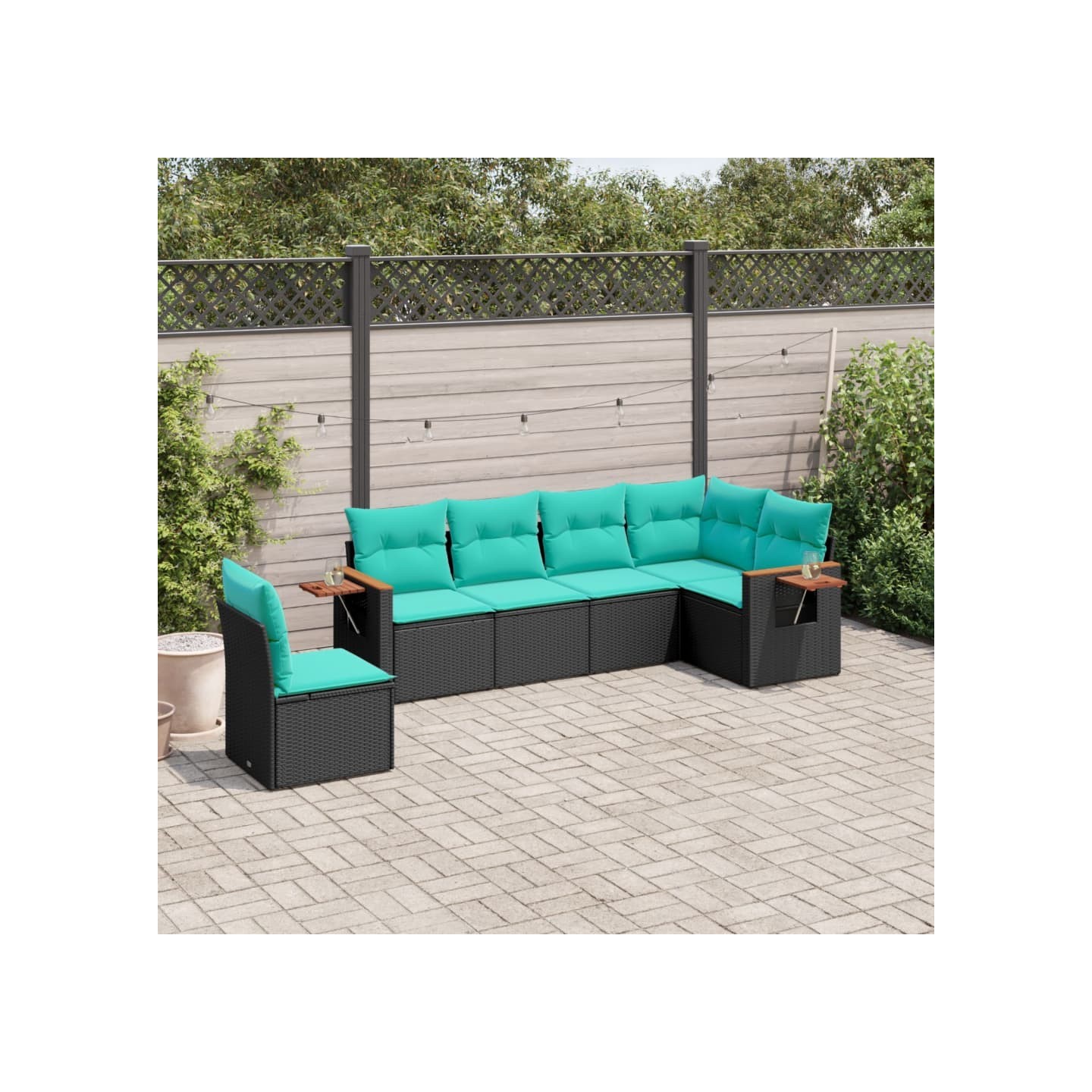Salon de jardin 6 pcs avec coussins noir résine tressée