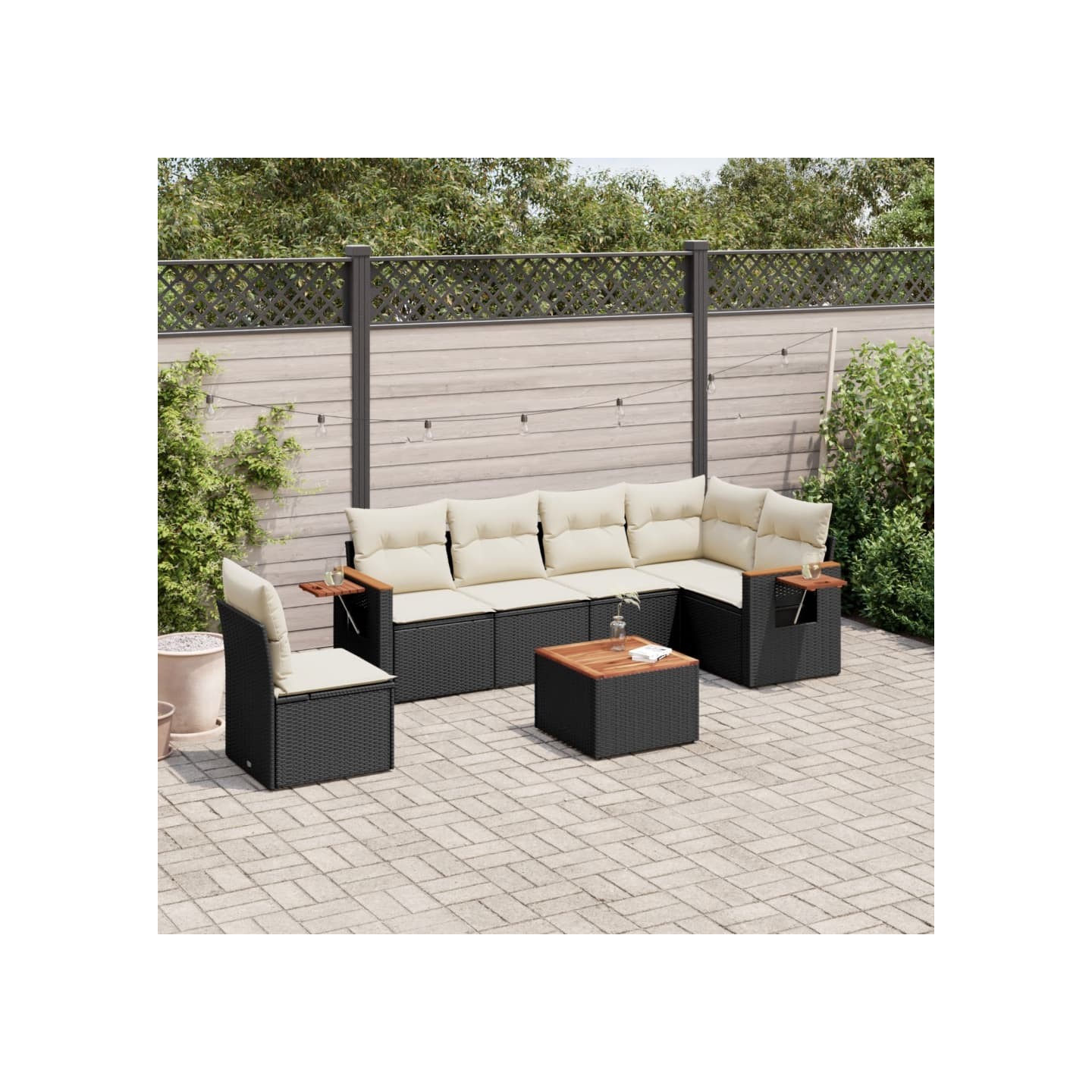 Salon de jardin 7 pcs avec coussins noir résine tressée