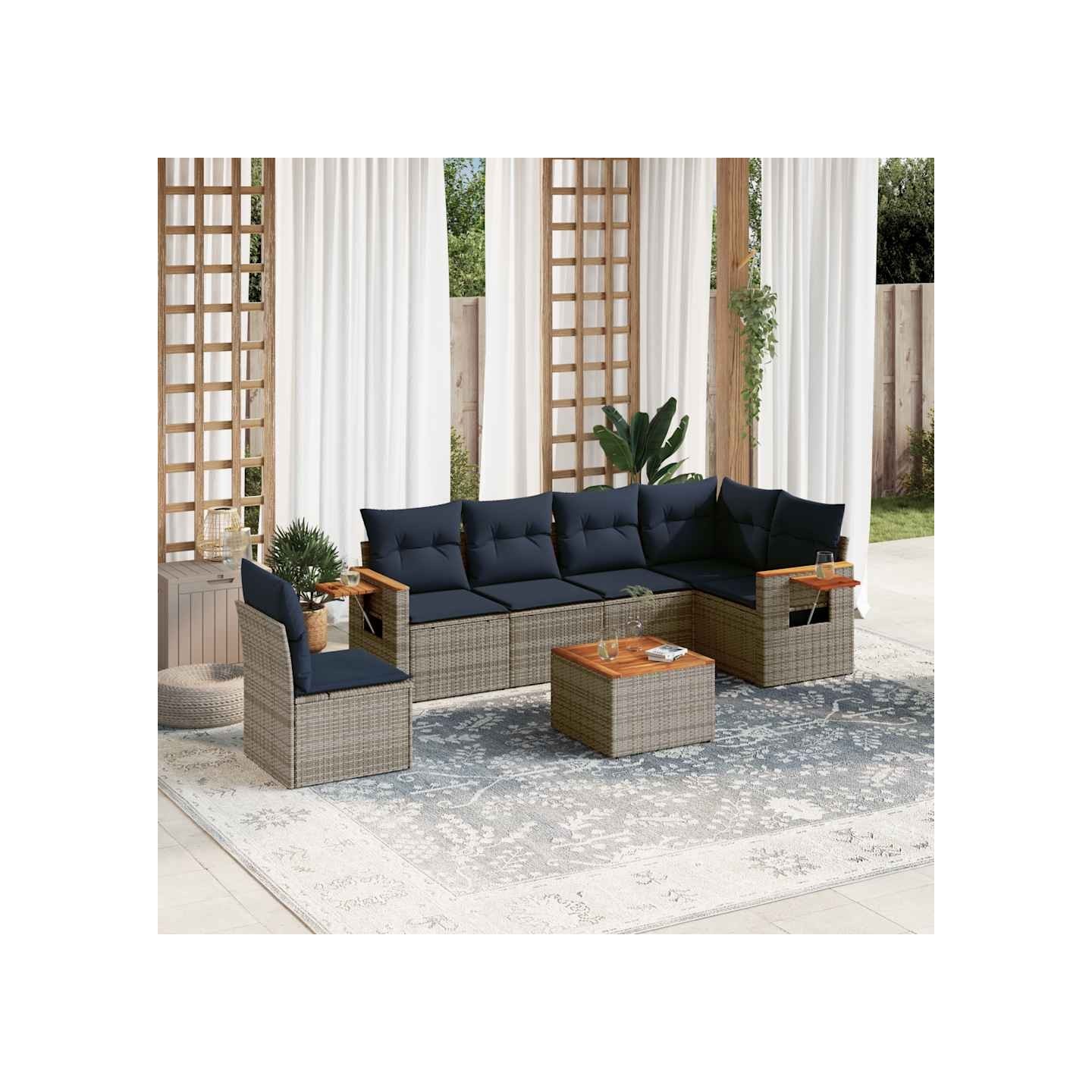 Salon de jardin 7 pcs avec coussins gris résine tressée