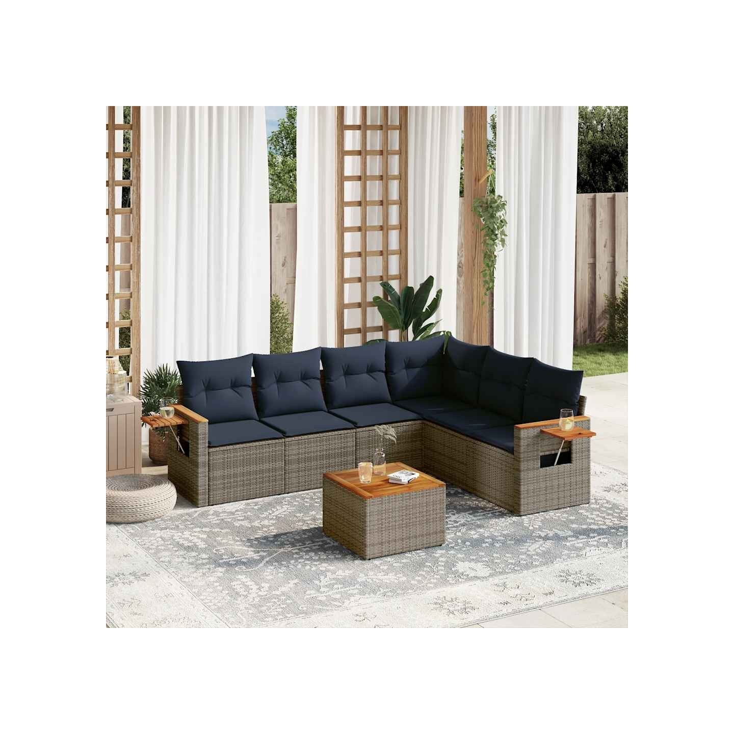 Salon de jardin 7 pcs avec coussins gris résine tressée