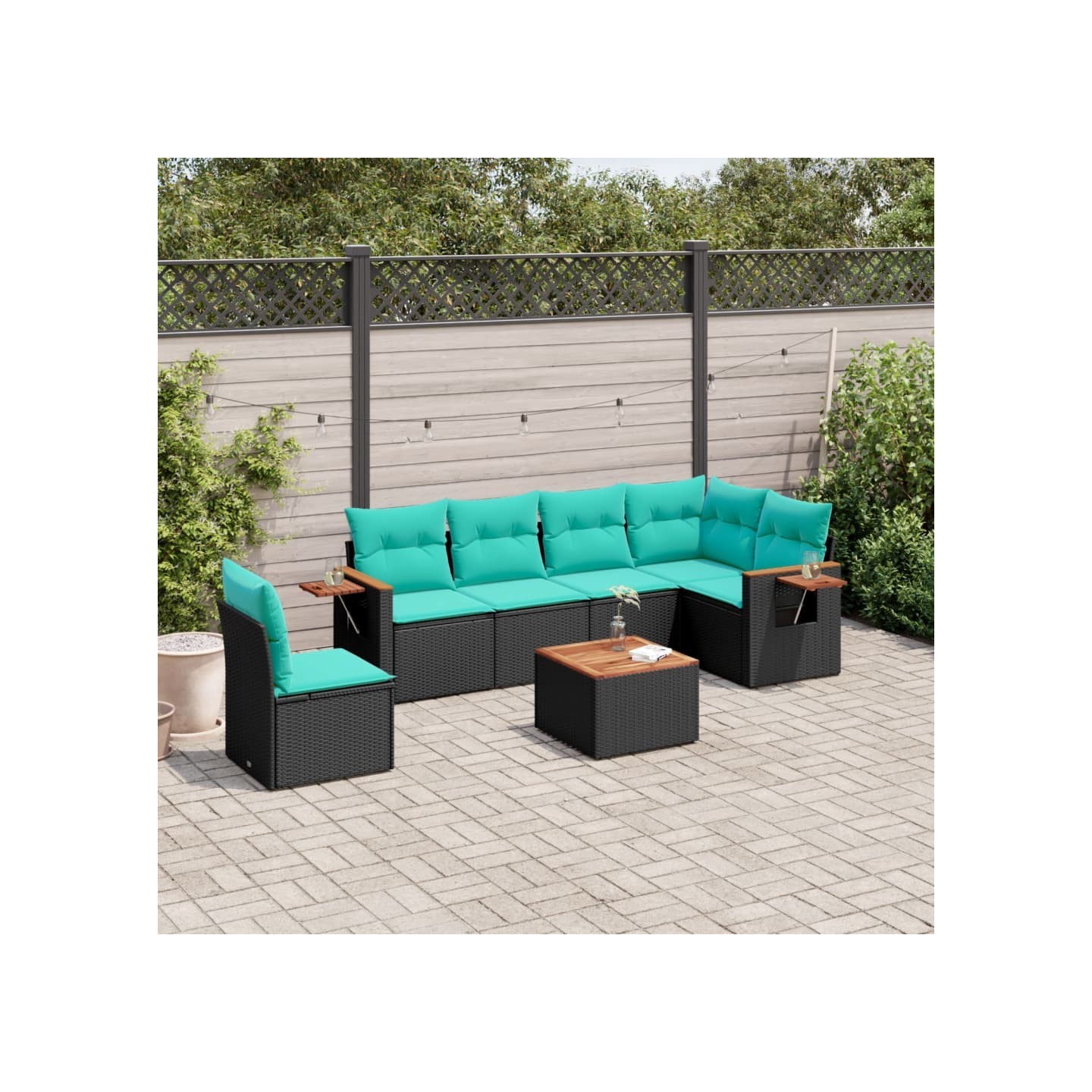 Salon de jardin 7 pcs avec coussins noir résine tressée