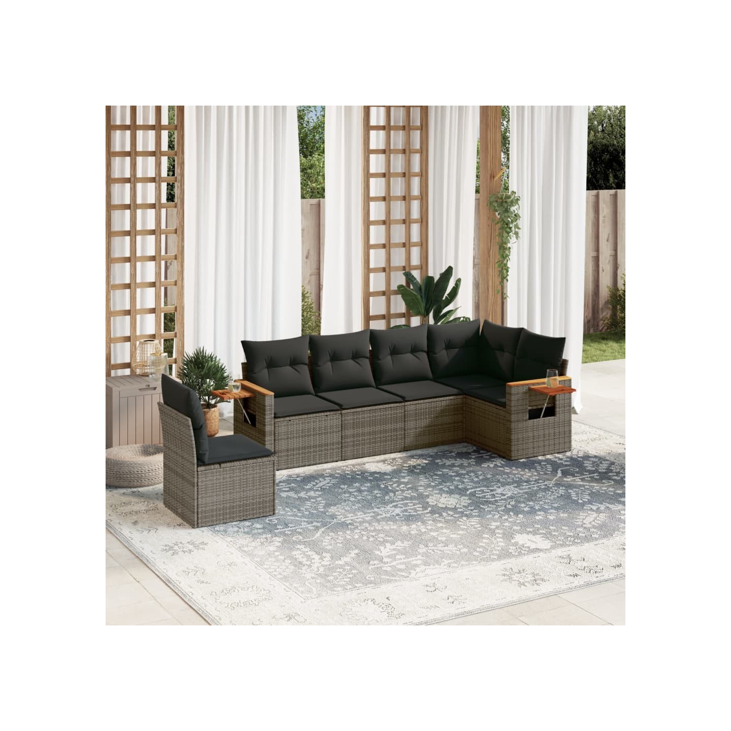 Salon de jardin 6 pcs avec coussins gris résine tressée