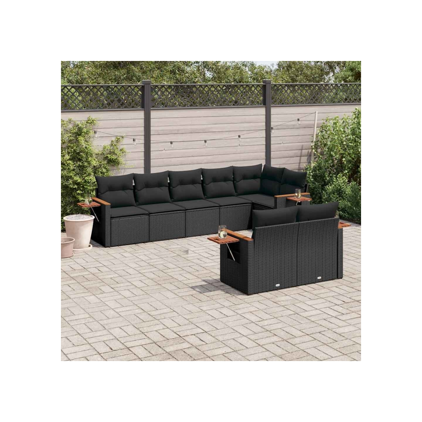 Salon de jardin 8 pcs avec coussins noir résine tressée