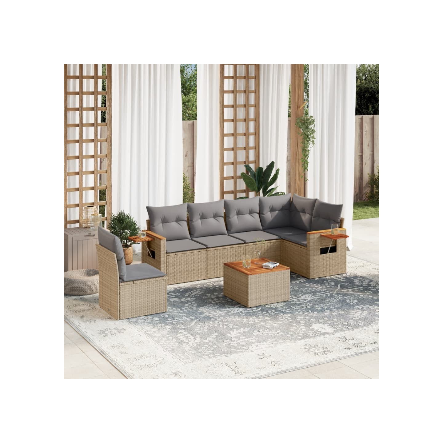Salon de jardin avec coussins 7 pcs beige résine tressée