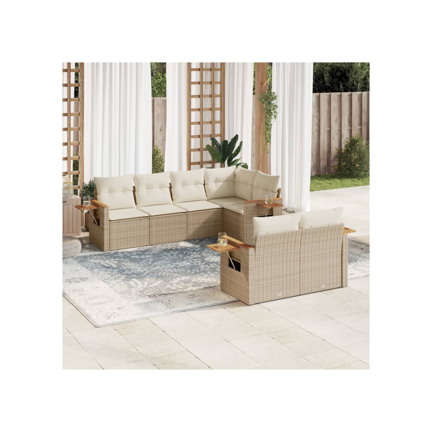 Salon de jardin avec coussins 7 pcs beige résine tressée