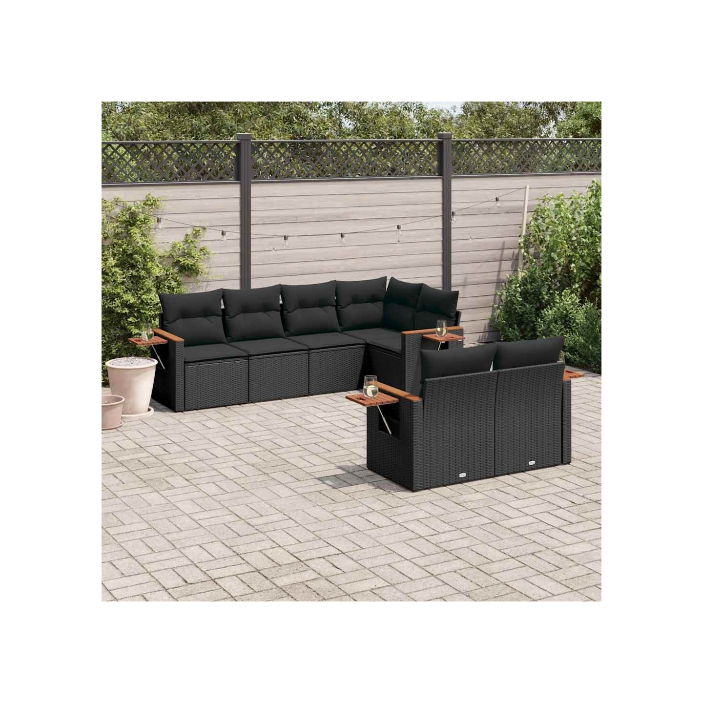 Salon de jardin 7 pcs avec coussins noir résine tressée