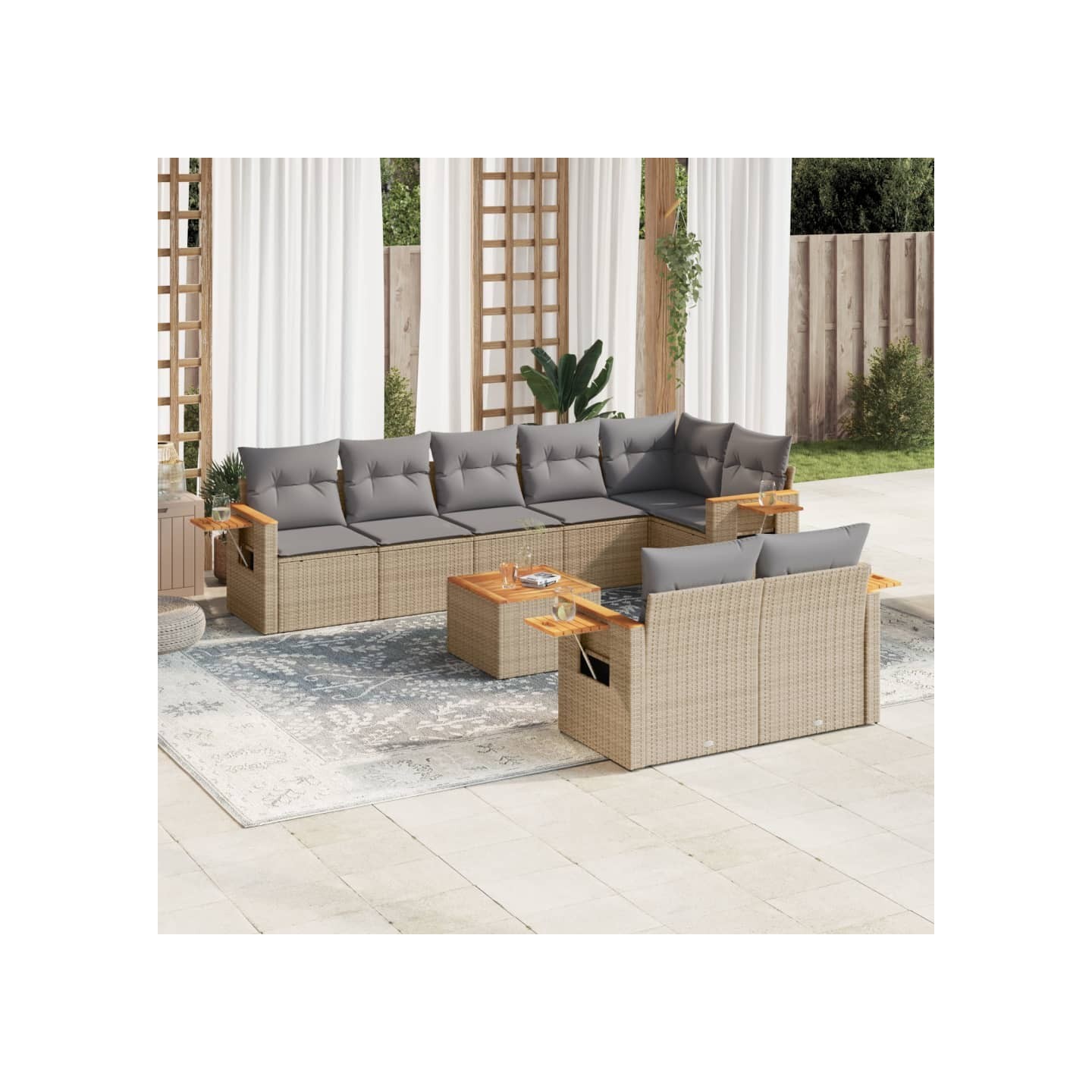 Salon de jardin avec coussins 9 pcs beige résine tressée