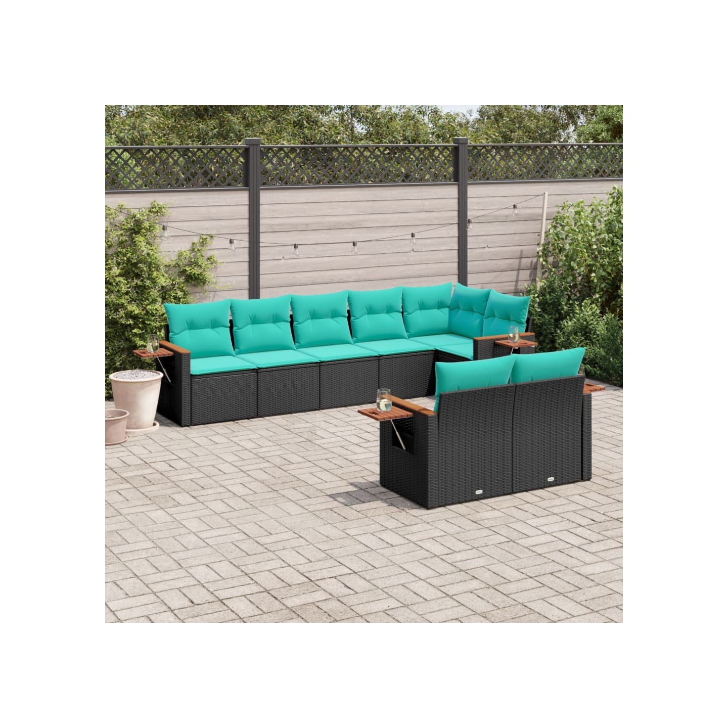Salon de jardin 8 pcs avec coussins noir résine tressée
