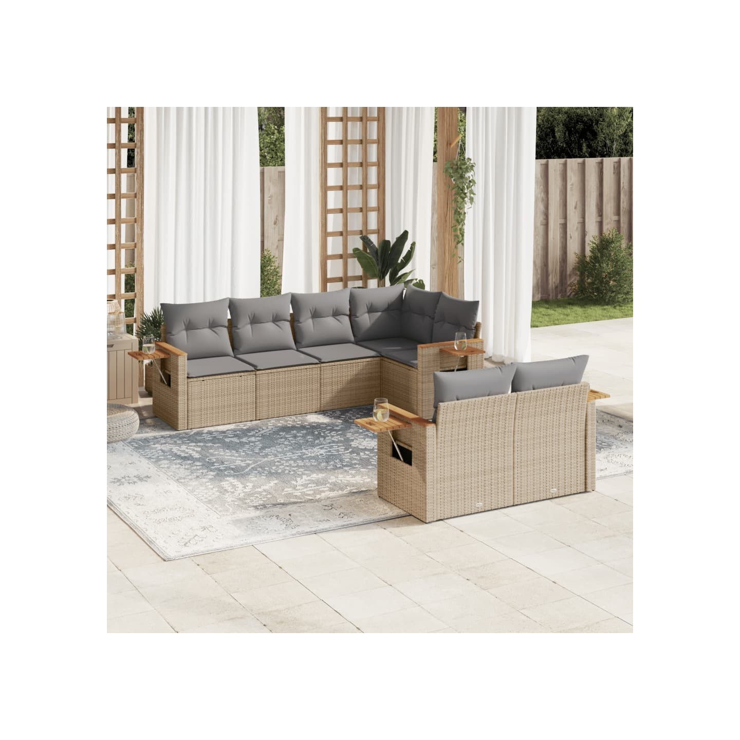 Salon de jardin avec coussins 7 pcs beige résine tressée