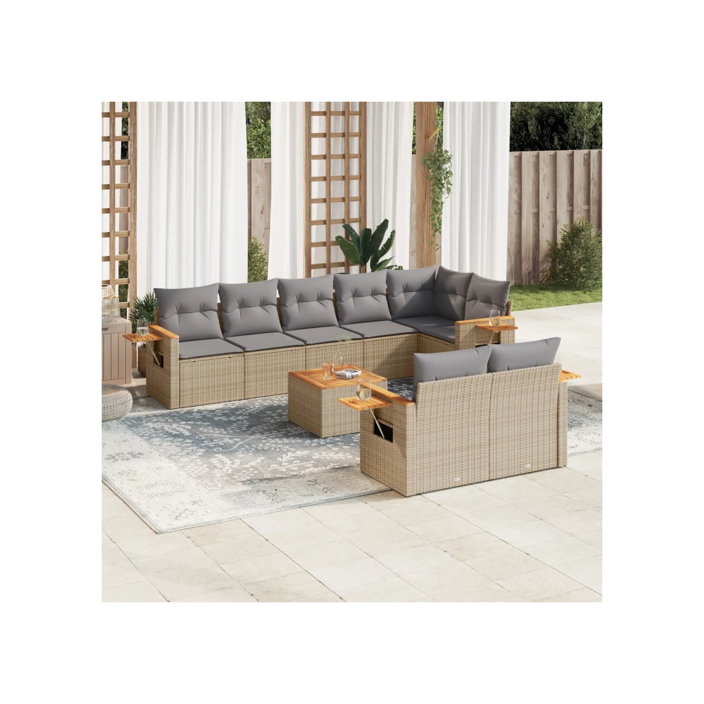 Salon de jardin 9 pcs avec coussins gris résine tressée