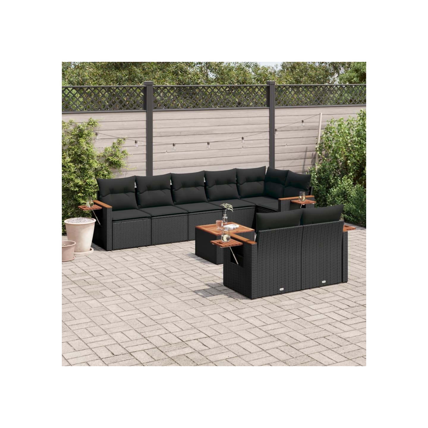 Salon de jardin 9 pcs avec coussins noir résine tressée