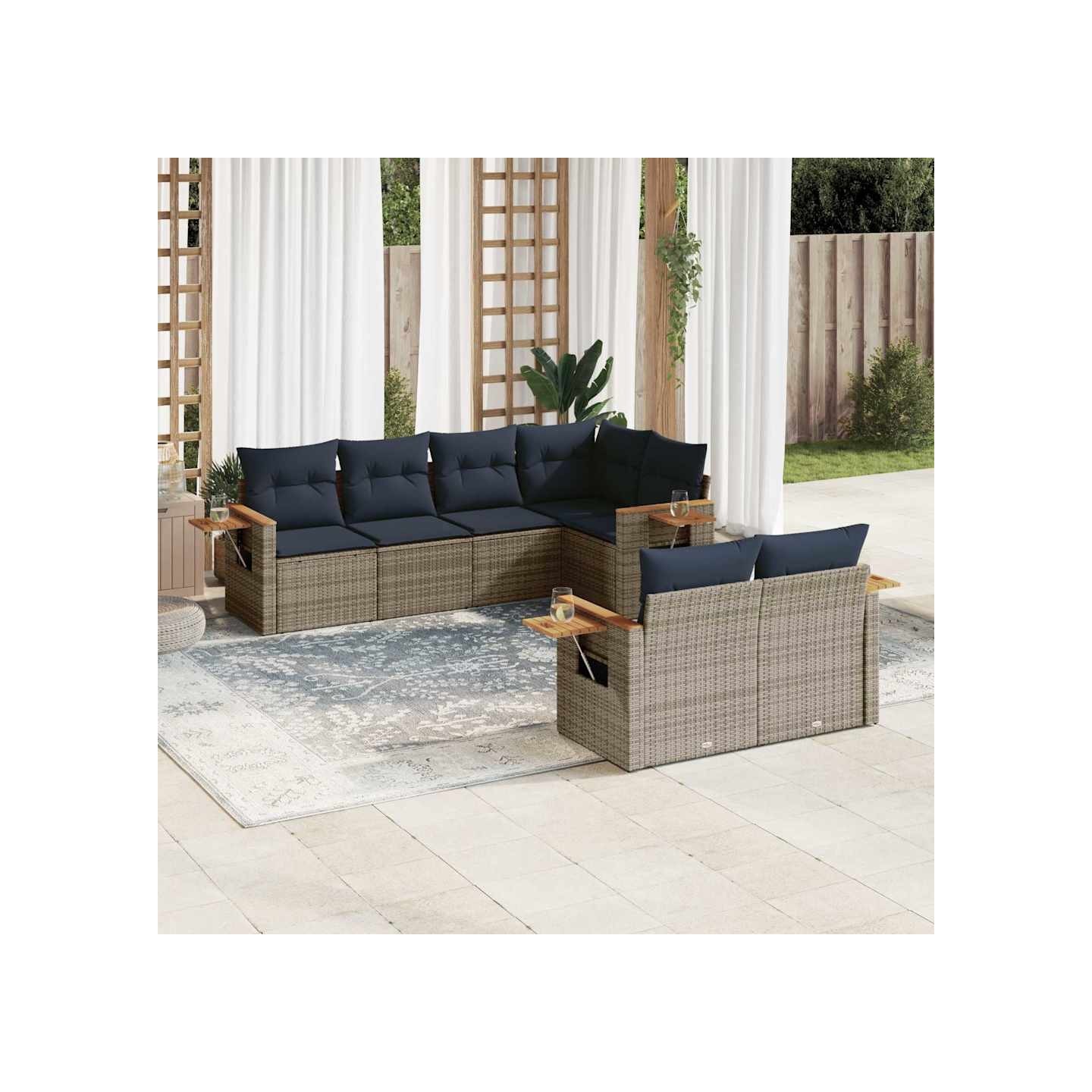 Salon de jardin 7 pcs avec coussins gris résine tressée