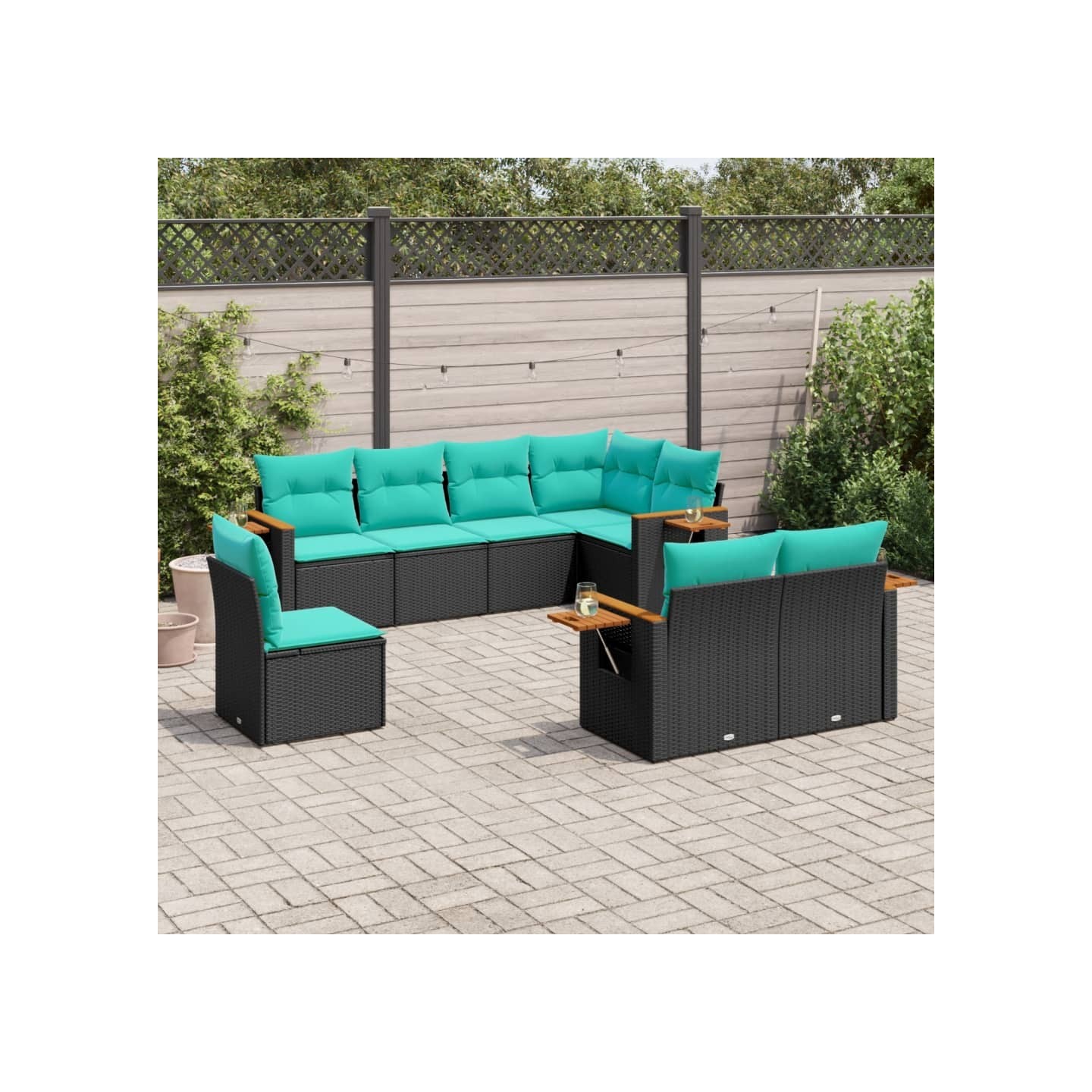 Salon de jardin 8 pcs avec coussins noir résine tressée