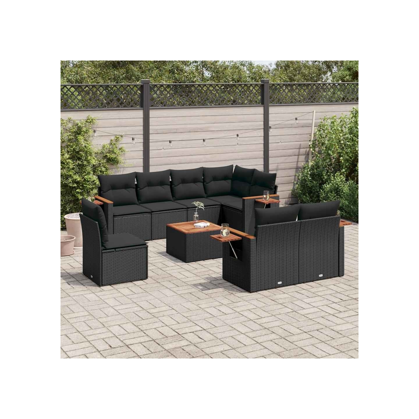 Salon de jardin 9 pcs avec coussins noir résine tressée