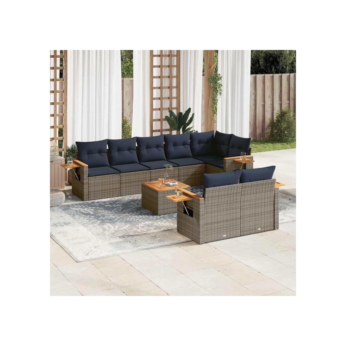 Salon de jardin 9 pcs avec coussins gris résine tressée
