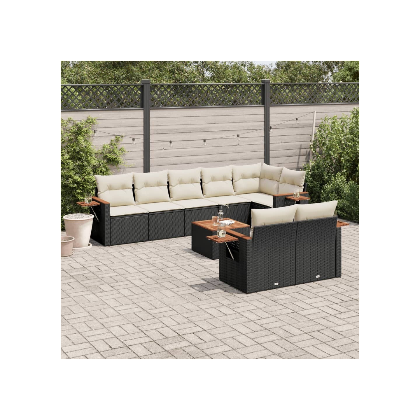 Salon de jardin 9 pcs avec coussins noir résine tressée