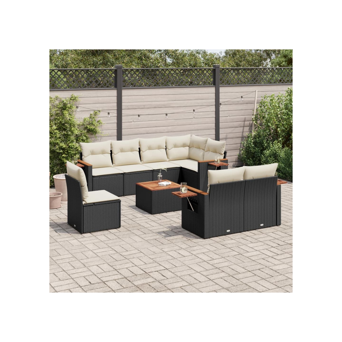 Salon de jardin 9 pcs avec coussins noir résine tressée
