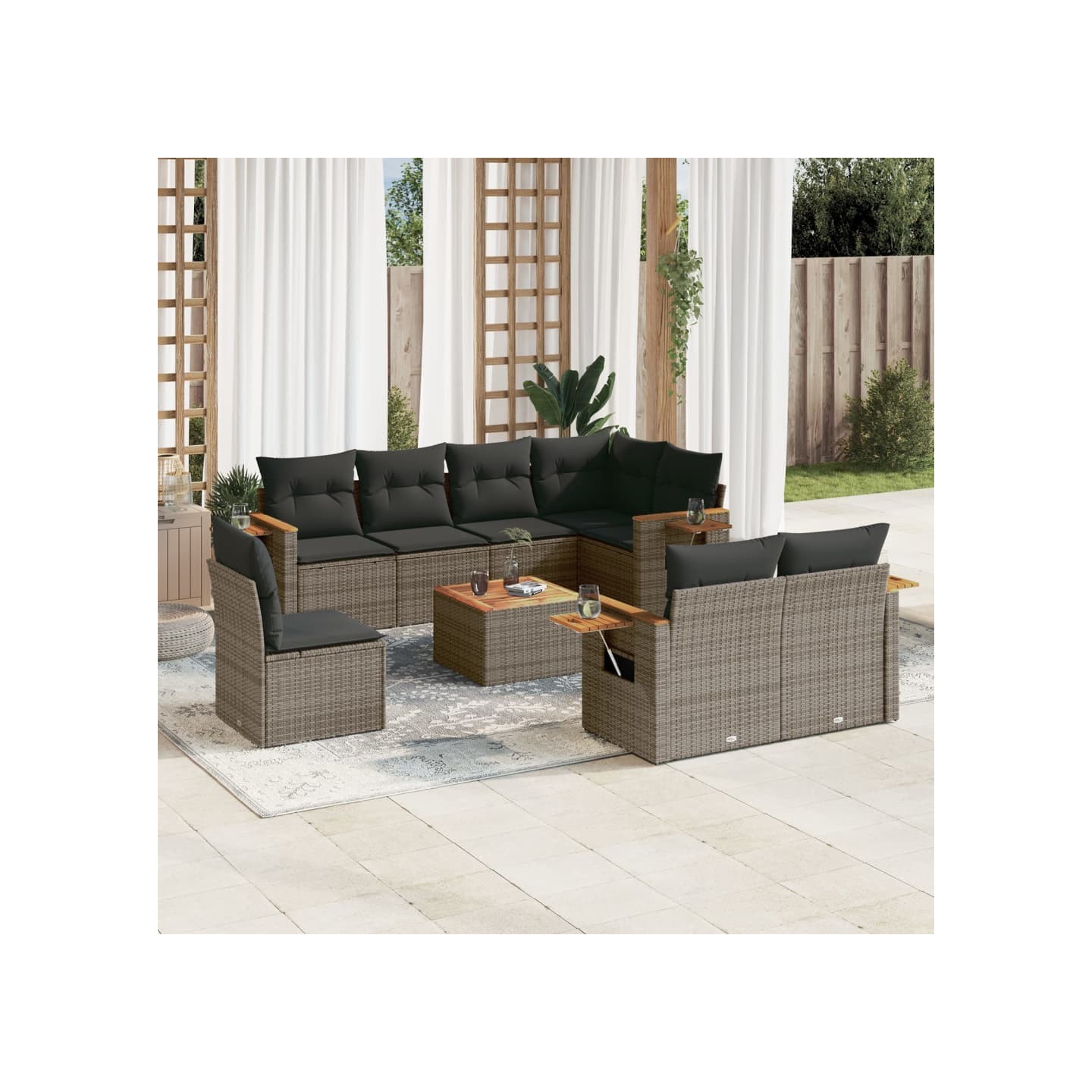 Salon de jardin 9 pcs avec coussins gris résine tressée