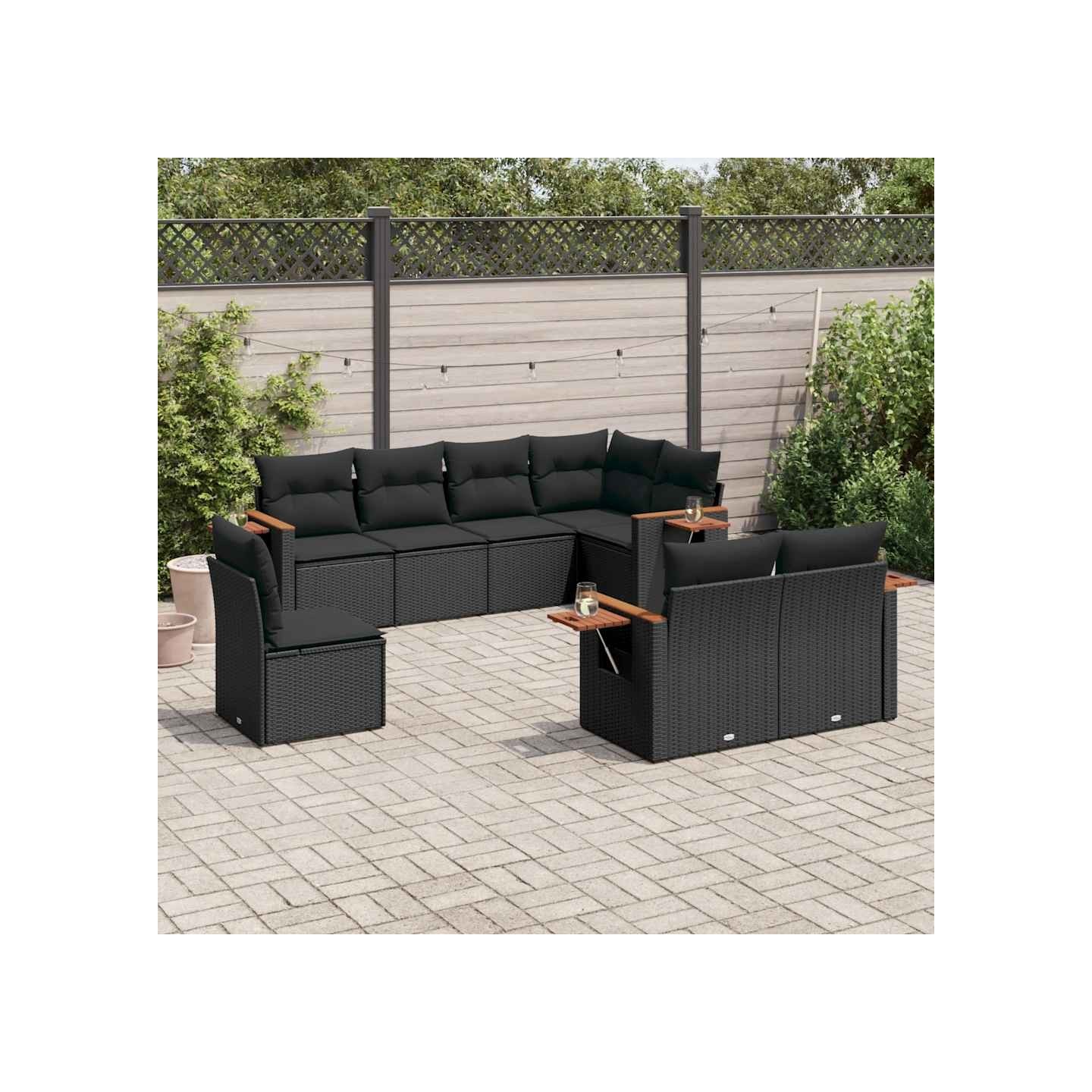 Salon de jardin 8 pcs avec coussins noir résine tressée