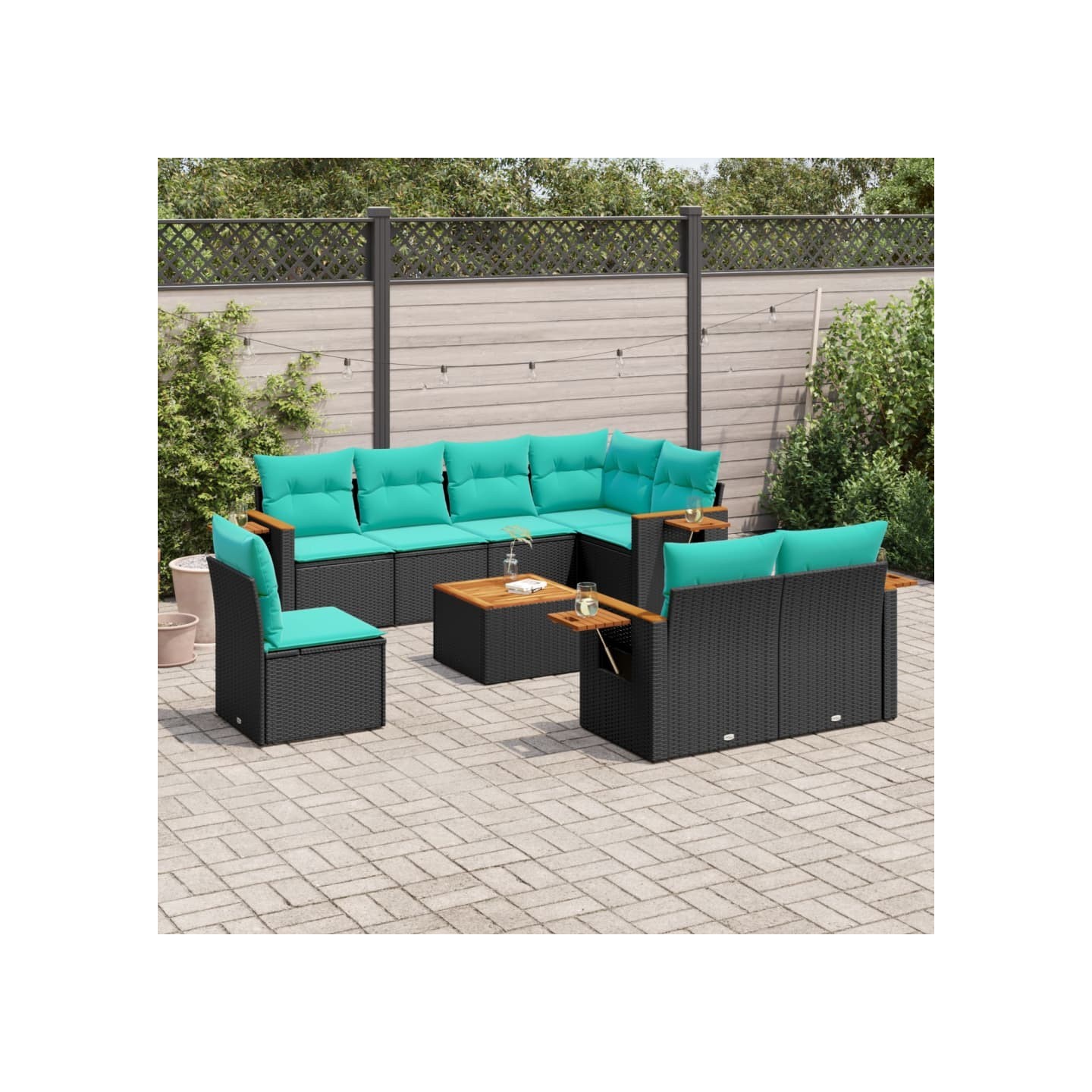 Salon de jardin 9 pcs avec coussins noir résine tressée