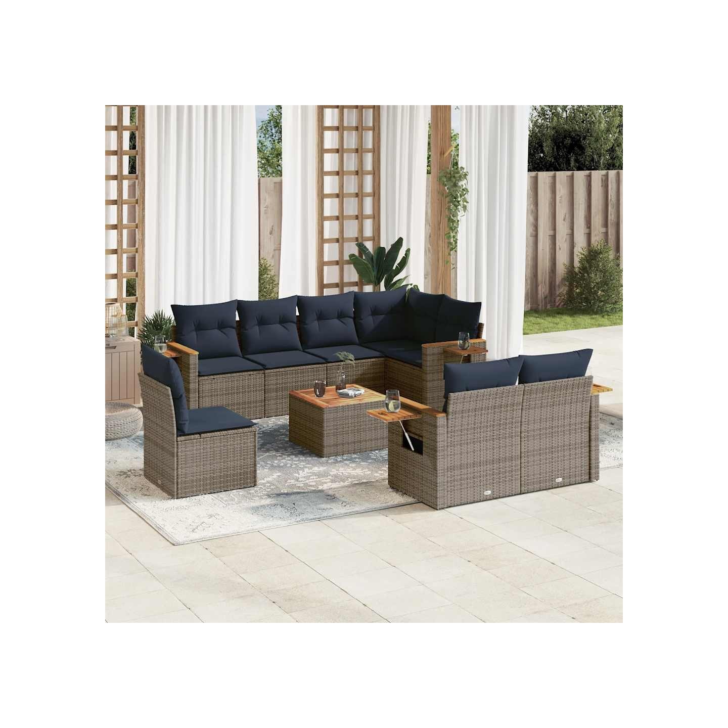 Salon de jardin 9 pcs avec coussins gris résine tressée