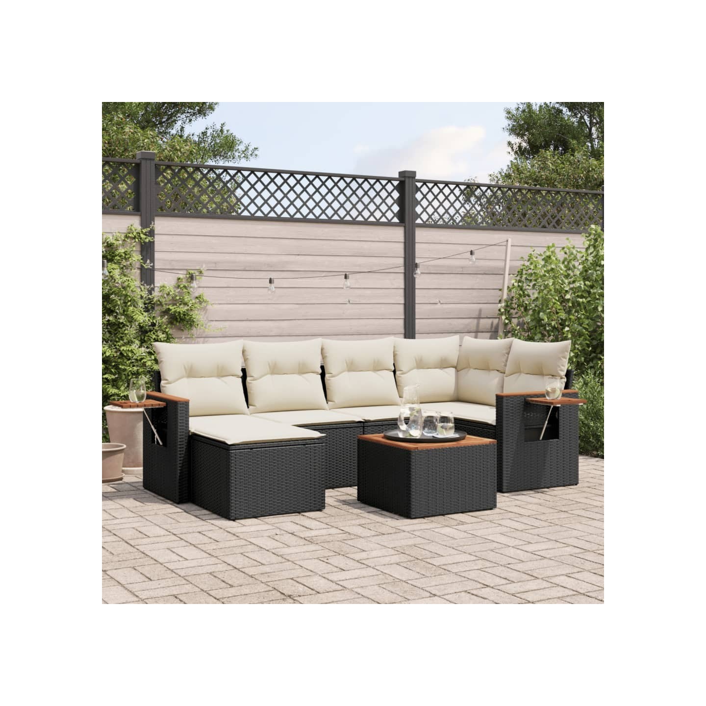 Salon de jardin 7 pcs avec coussins noir résine tressée