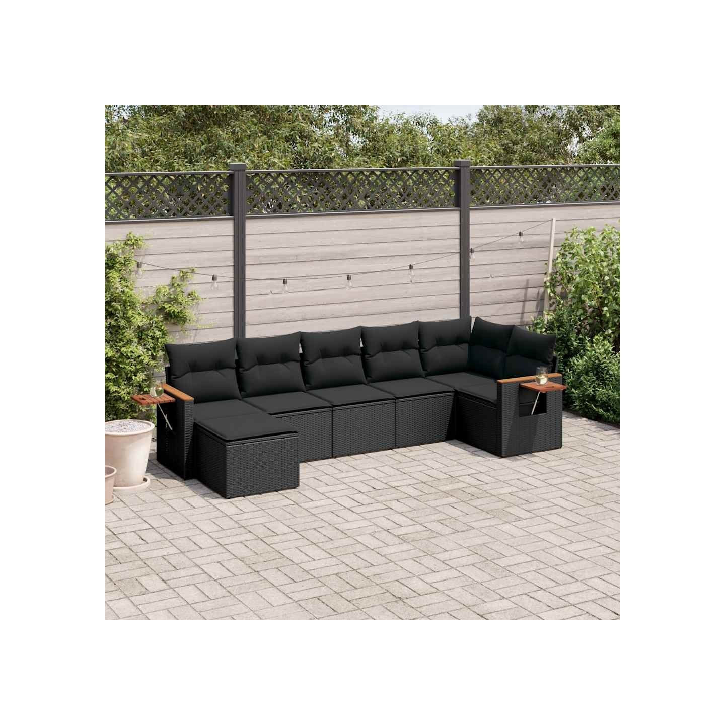 Salon de jardin 7 pcs avec coussins noir résine tressée