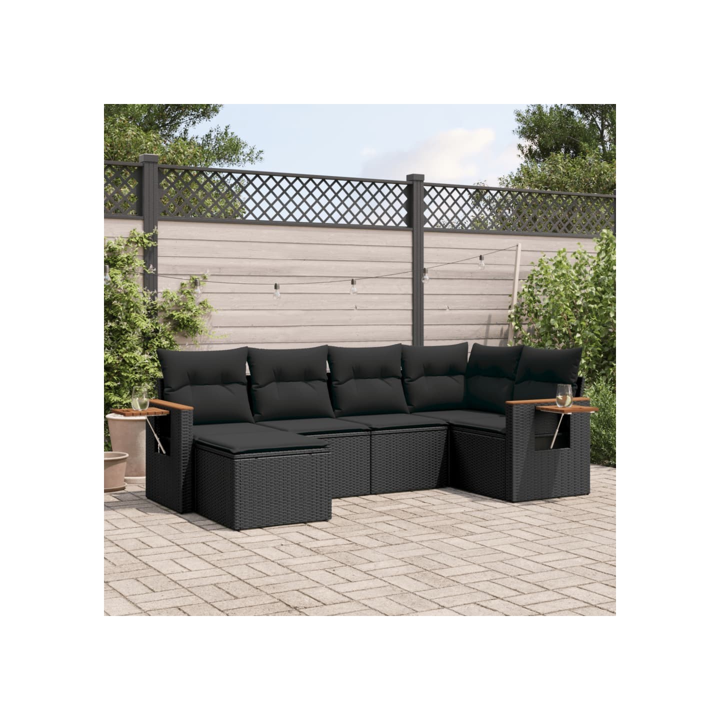 Salon de jardin 6 pcs avec coussins noir résine tressée