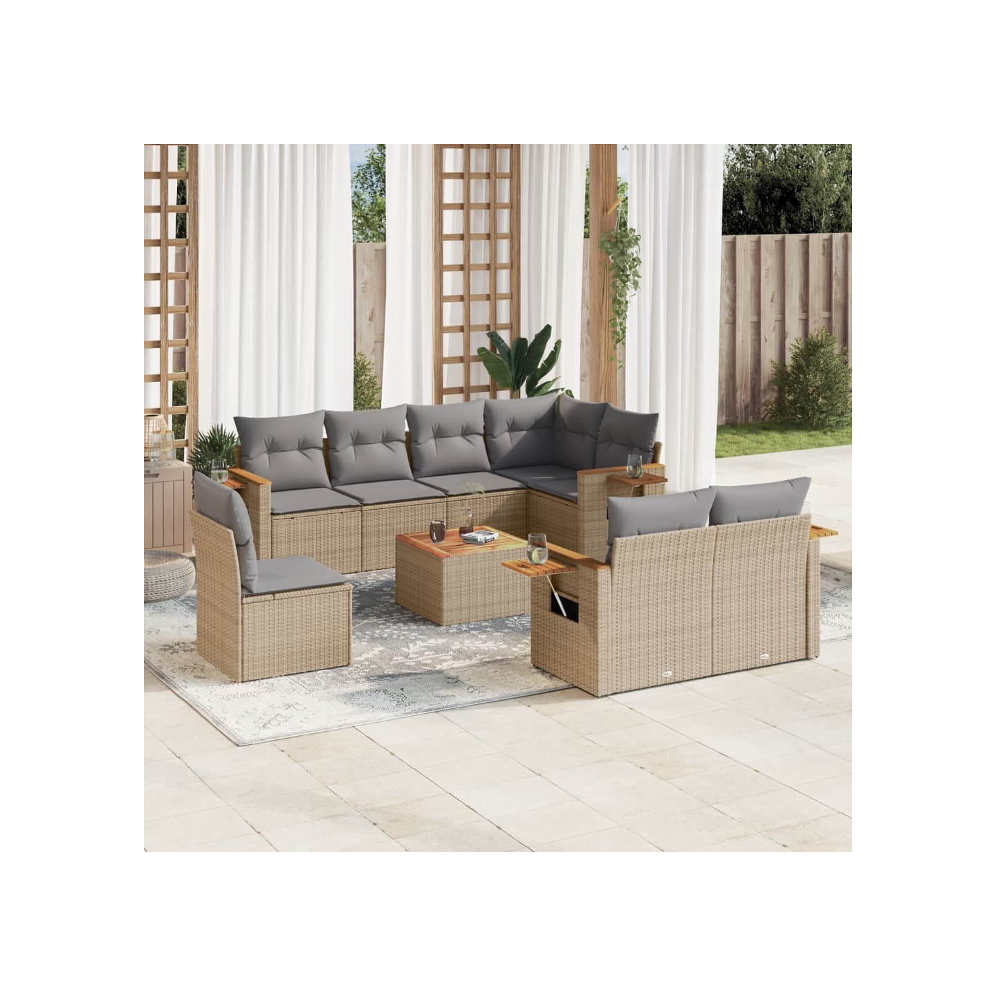 Salon de jardin avec coussins 9 pcs beige résine tressée