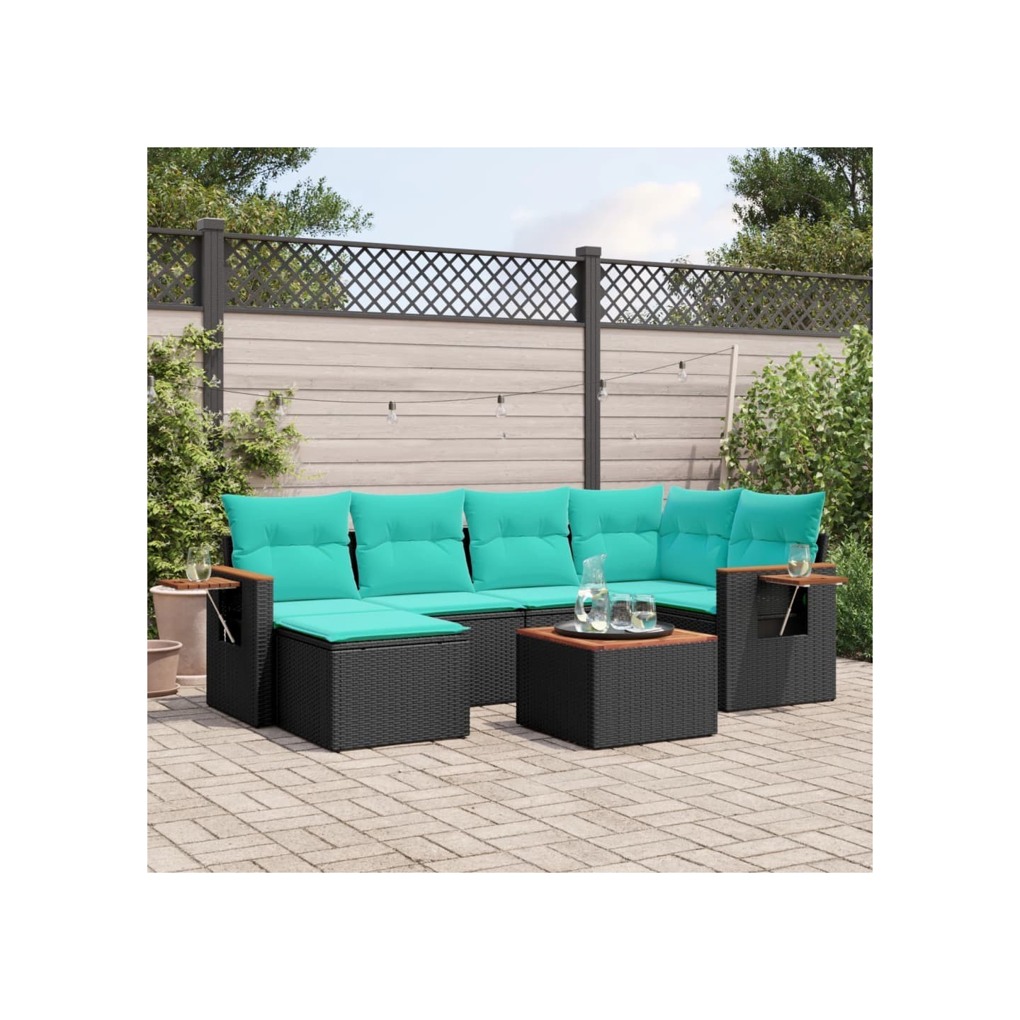 Salon de jardin 7 pcs avec coussins noir résine tressée