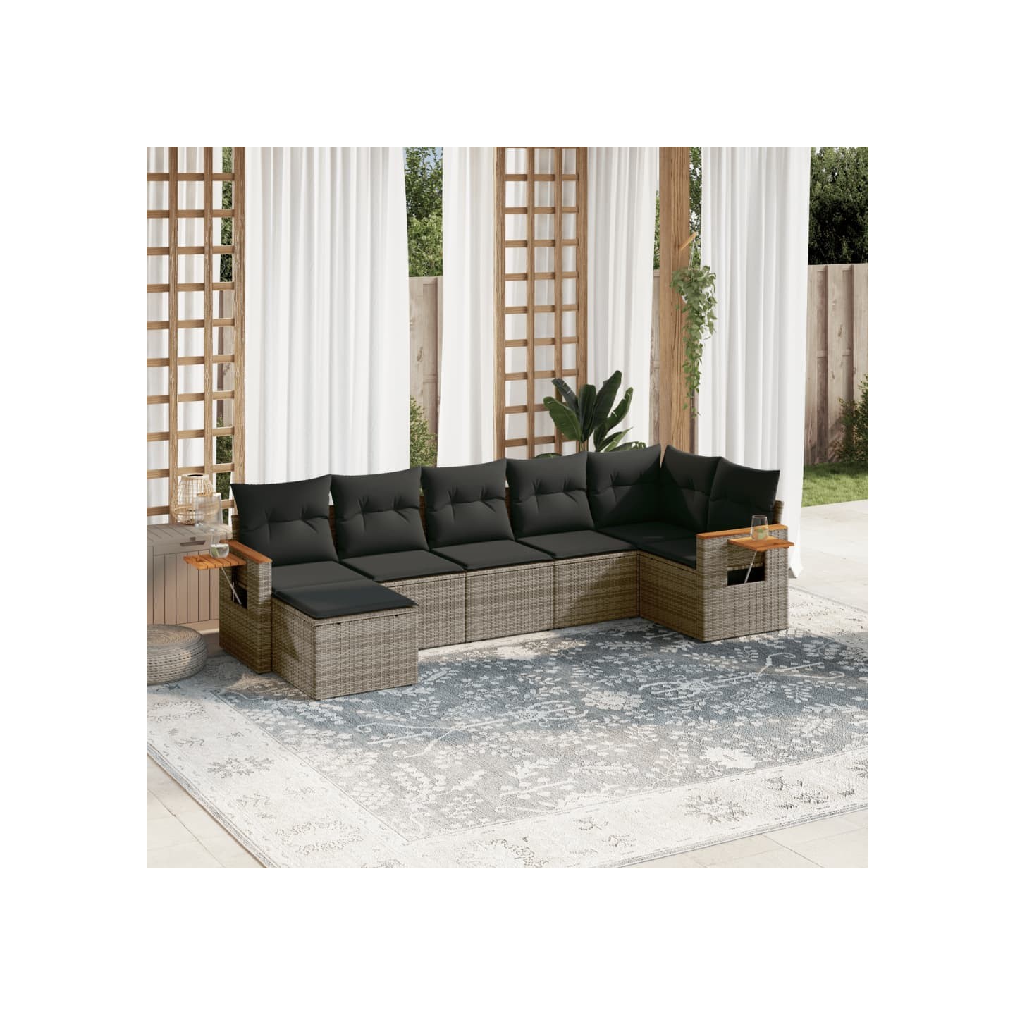 Salon de jardin avec coussins 7 pcs gris résine tressée