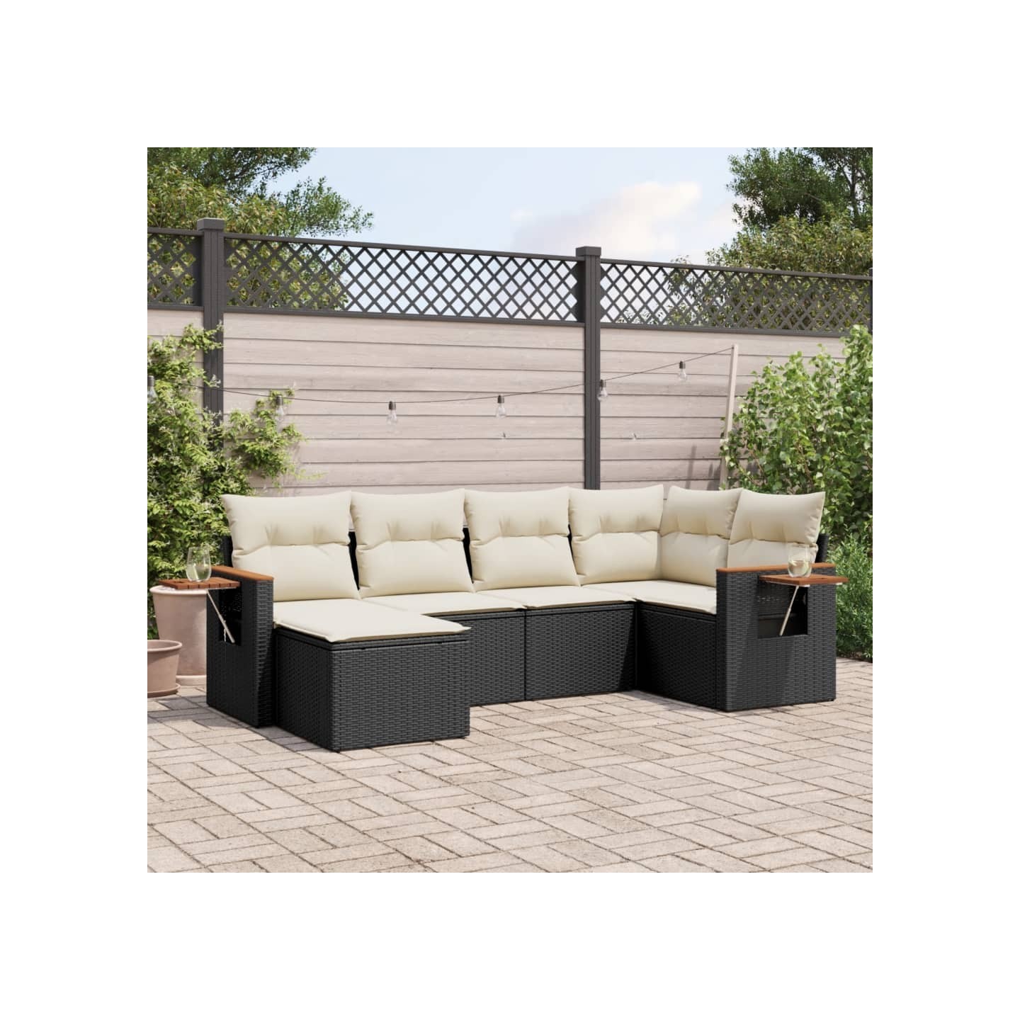 Salon de jardin 6 pcs avec coussins noir résine tressée