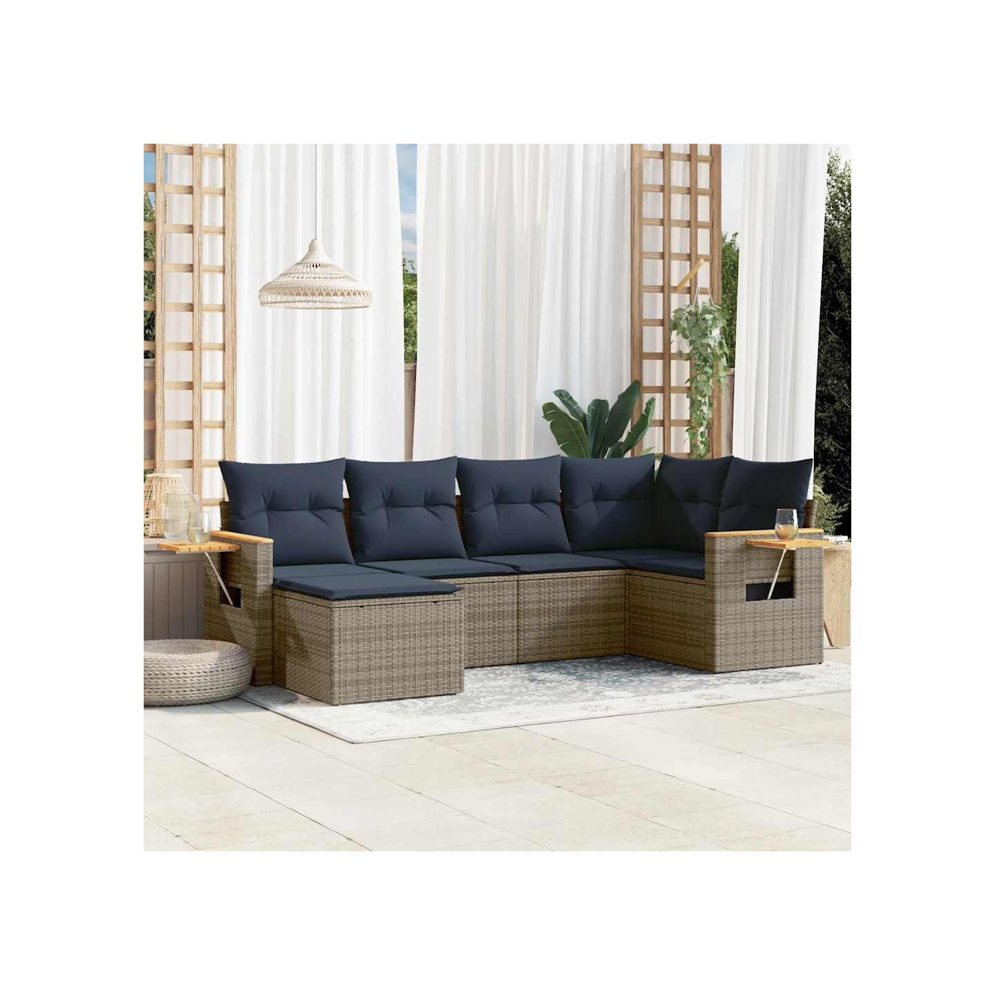 Salon de jardin 6 pcs avec coussins gris résine tressée