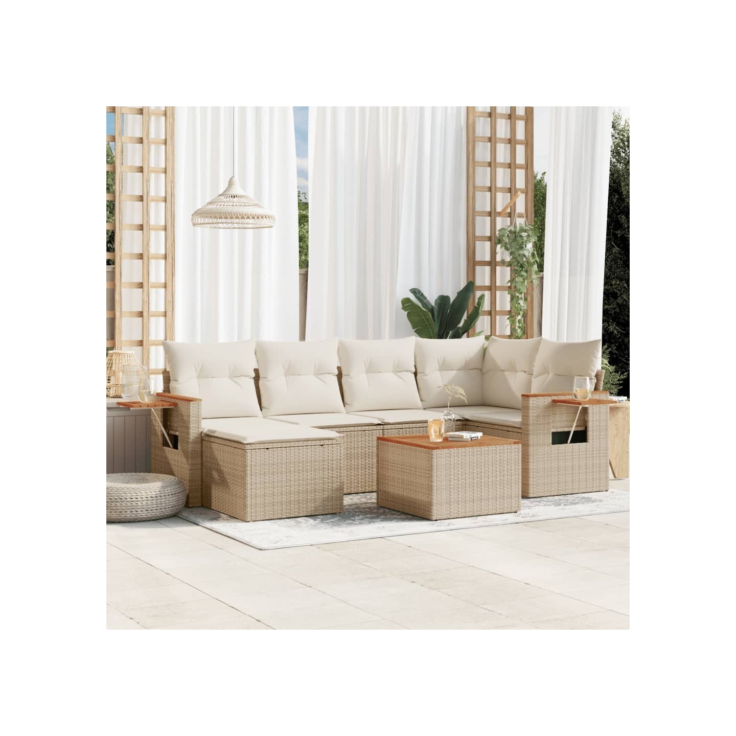 Salon de jardin avec coussins 7 pcs beige résine tressée